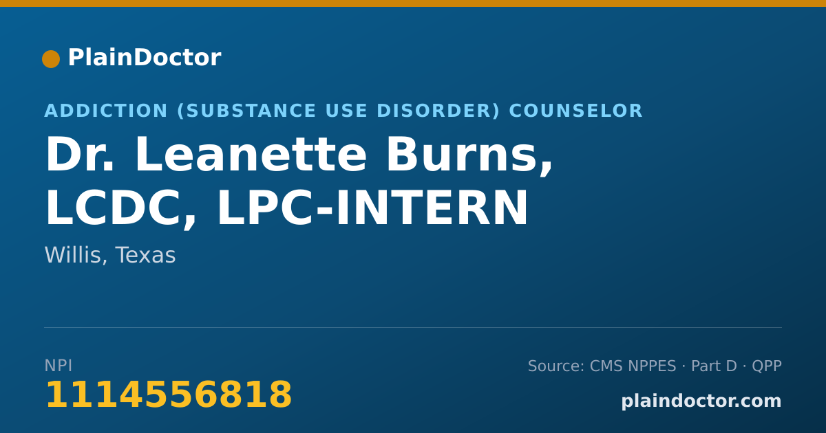 Shareable card for Leanette Burns, LCDC, LPC-INTERN - Addiction (Substance Use Disorder) Counselor, Willis, TX