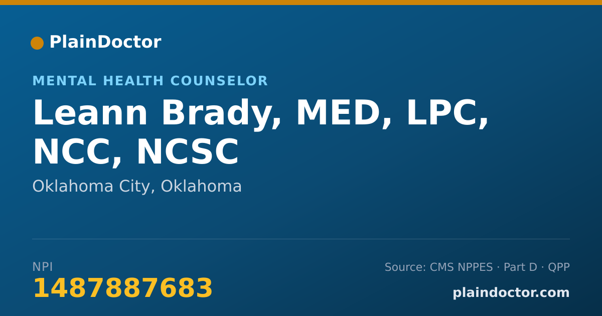 Shareable card for Leann Brady, MED, LPC, NCC, NCSC - Mental Health Counselor, Oklahoma City, OK
