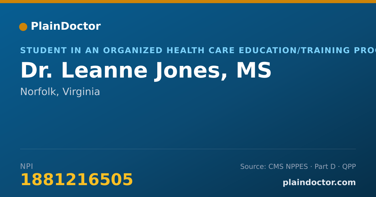 Shareable card for Leanne Jones, MS - Student in an Organized Health Care Education/Training Program, Norfolk, VA