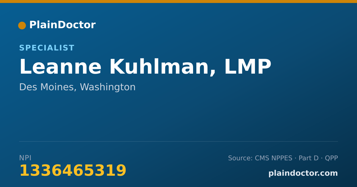 Shareable card for Leanne Kuhlman, LMP - Specialist, Des Moines, WA