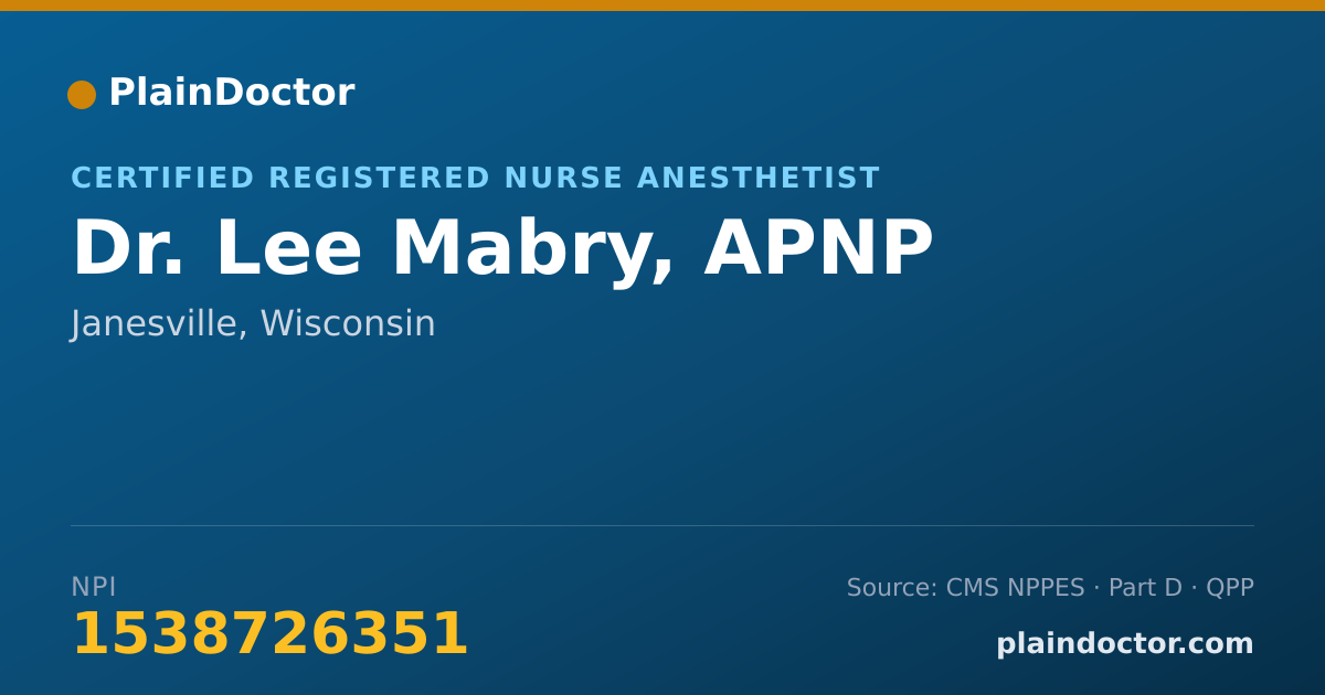 Shareable card for Lee Mabry, APNP - Certified Registered Nurse Anesthetist, Janesville, WI