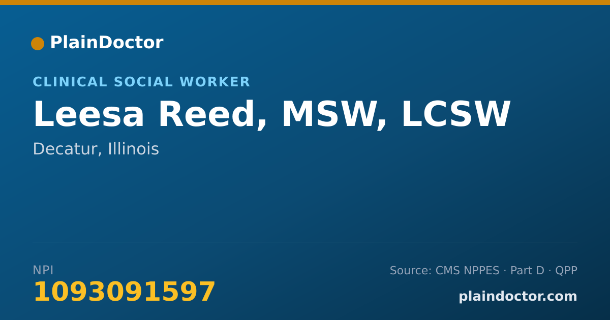 Shareable card for Leesa Reed, MSW, LCSW - Clinical Social Worker, Decatur, IL