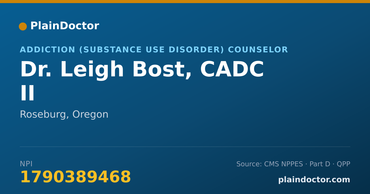 Shareable card for Leigh Bost, CADC II - Addiction (Substance Use Disorder) Counselor, Roseburg, OR