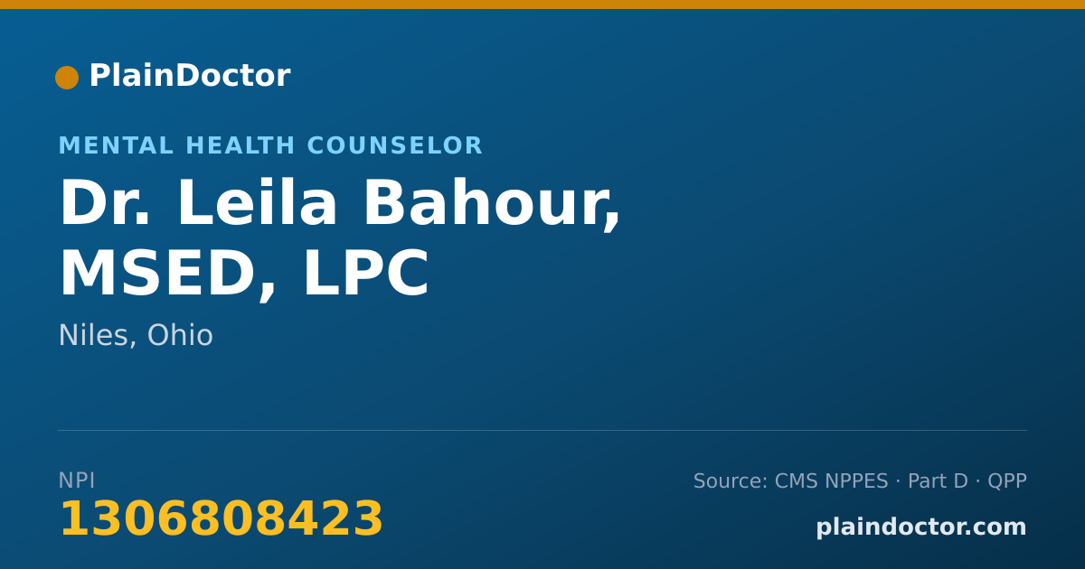 Shareable card for Leila Bahour, MSED, LPC - Mental Health Counselor, Niles, OH