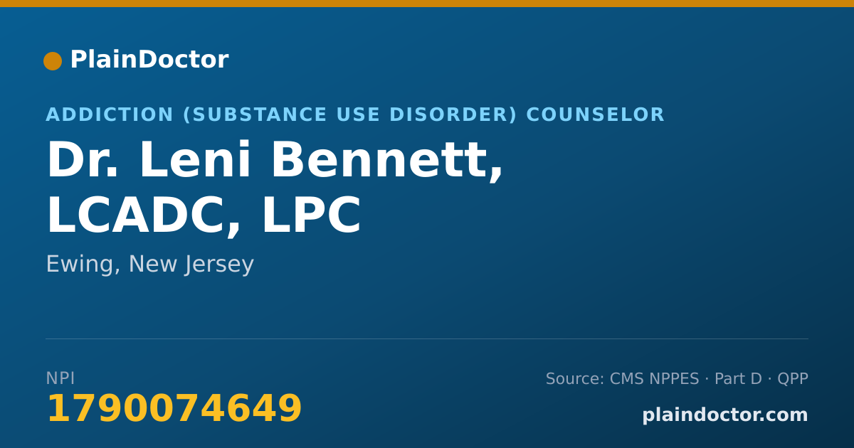Shareable card for Leni Bennett, LCADC, LPC - Addiction (Substance Use Disorder) Counselor, Ewing, NJ