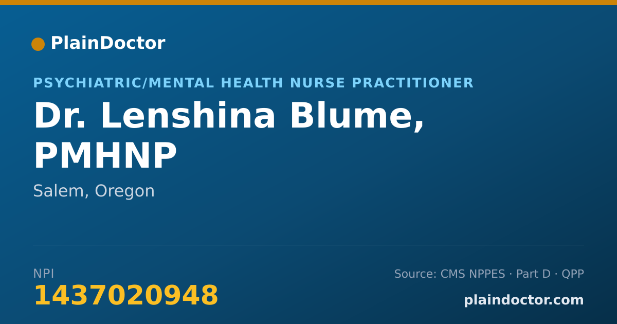 Shareable card for Lenshina Blume, PMHNP - Psychiatric/Mental Health Nurse Practitioner, Salem, OR