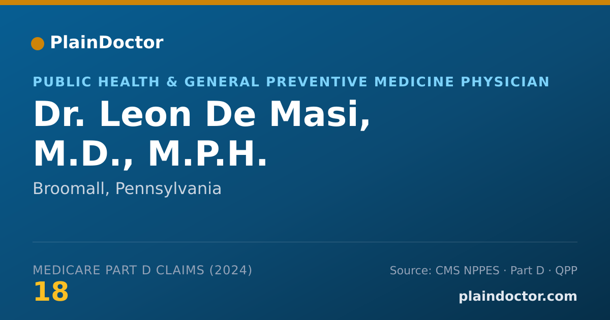 Shareable card for Leon De Masi, M.D., M.P.H. - Public Health & General Preventive Medicine Physician, Broomall, PA