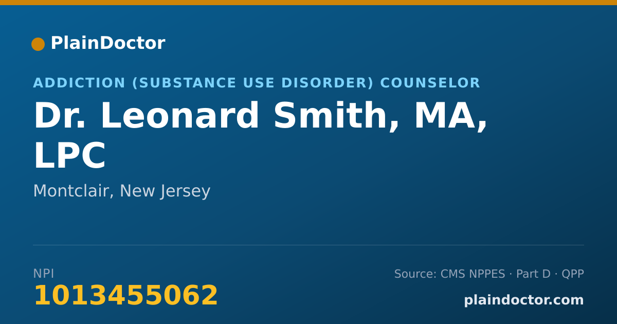Shareable card for Leonard Smith, MA, LPC - Addiction (Substance Use Disorder) Counselor, Montclair, NJ