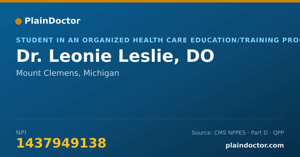 Shareable card for Leonie Leslie, DO - Student in an Organized Health Care Education/Training Program, Mount Clemens, MI