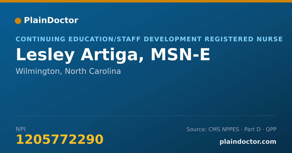 Shareable card for Lesley Artiga, MSN-E - Continuing Education/Staff Development Registered Nurse, Wilmington, NC