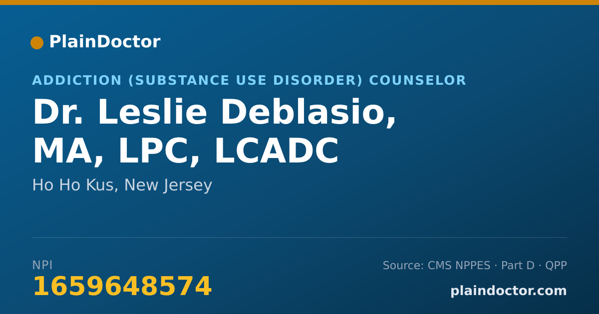 Shareable card for Leslie Deblasio, MA, LPC, LCADC - Addiction (Substance Use Disorder) Counselor, Ho Ho Kus, NJ