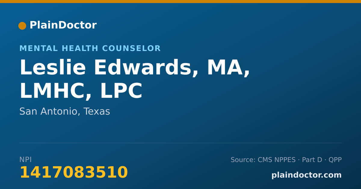 Shareable card for Leslie Edwards, MA, LMHC, LPC - Mental Health Counselor, San Antonio, TX