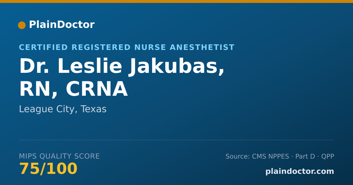 Shareable card for Leslie Jakubas, RN, CRNA - Certified Registered Nurse Anesthetist, League City, TX