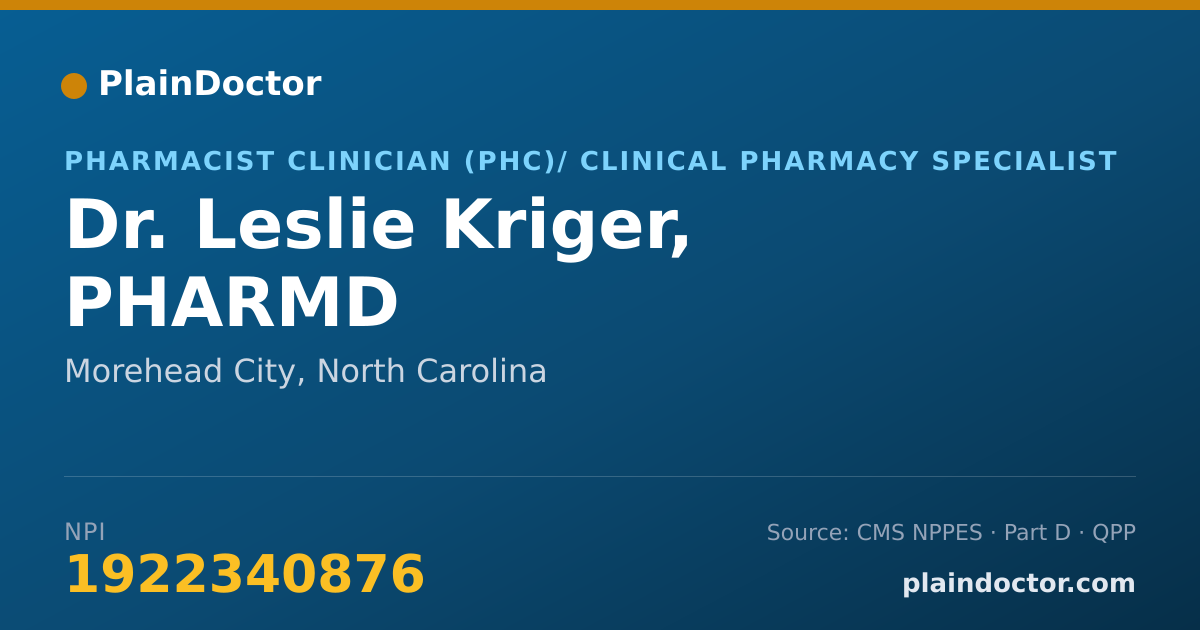 Shareable card for Leslie Kriger, PHARMD - Pharmacist Clinician (PhC)/ Clinical Pharmacy Specialist, Morehead City, NC
