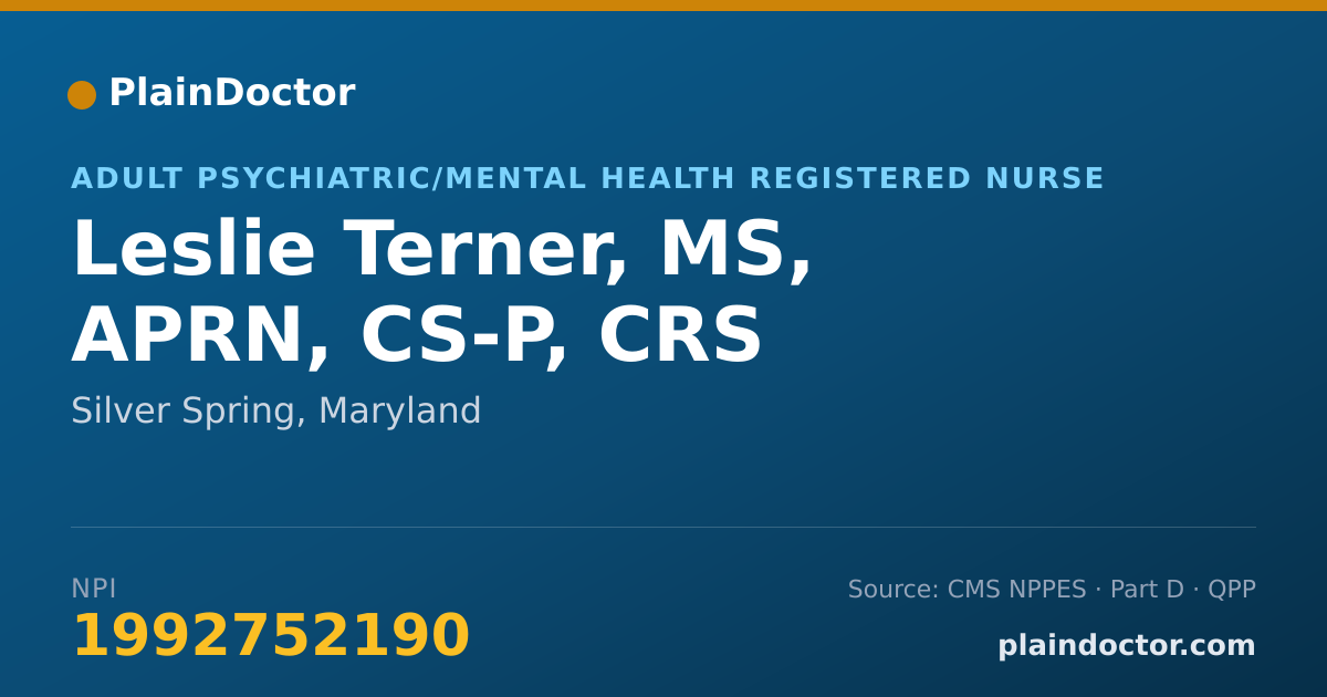 Shareable card for Leslie Terner, MS, APRN, CS-P, CRS - Adult Psychiatric/Mental Health Registered Nurse, Silver Spring, MD