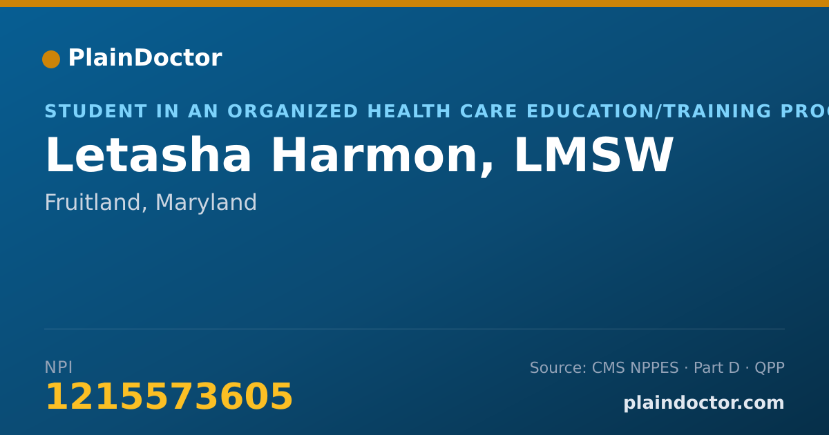 Shareable card for Letasha Harmon, LMSW - Student in an Organized Health Care Education/Training Program, Fruitland, MD