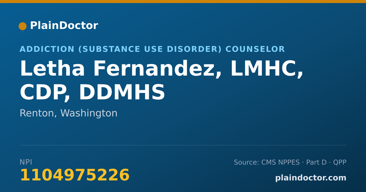 Shareable card for Letha Fernandez, LMHC, CDP, DDMHS - Addiction (Substance Use Disorder) Counselor, Renton, WA
