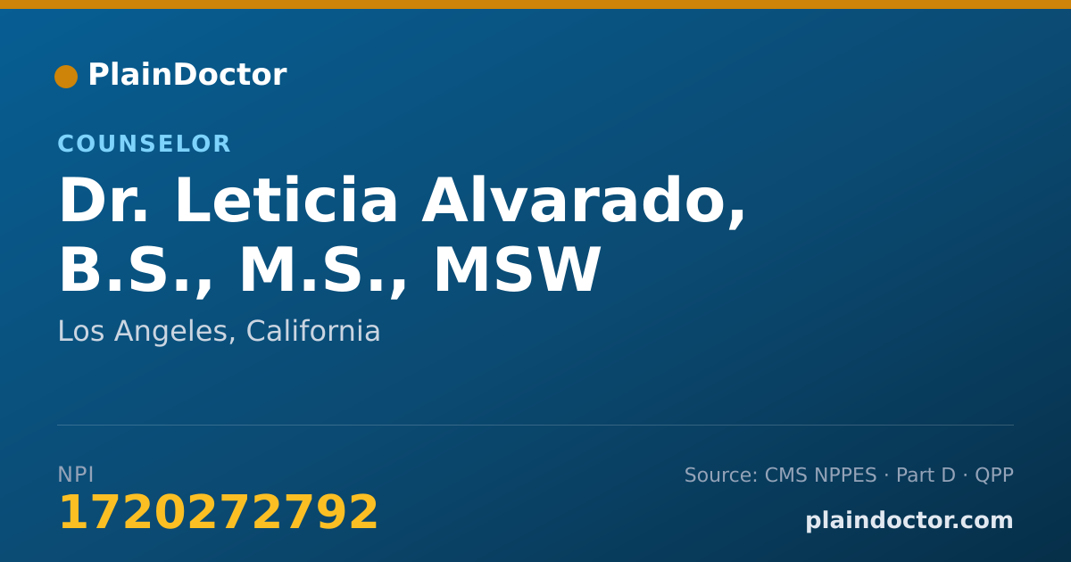 Shareable card for Leticia Alvarado, B.S., M.S., MSW - Counselor, Los Angeles, CA
