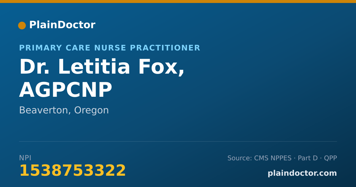 Shareable card for Letitia Fox, AGPCNP - Primary Care Nurse Practitioner, Beaverton, OR