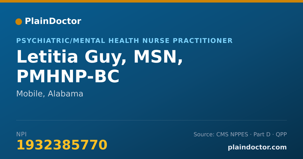 Shareable card for Letitia Guy, MSN, PMHNP-BC - Psychiatric/Mental Health Nurse Practitioner, Mobile, AL