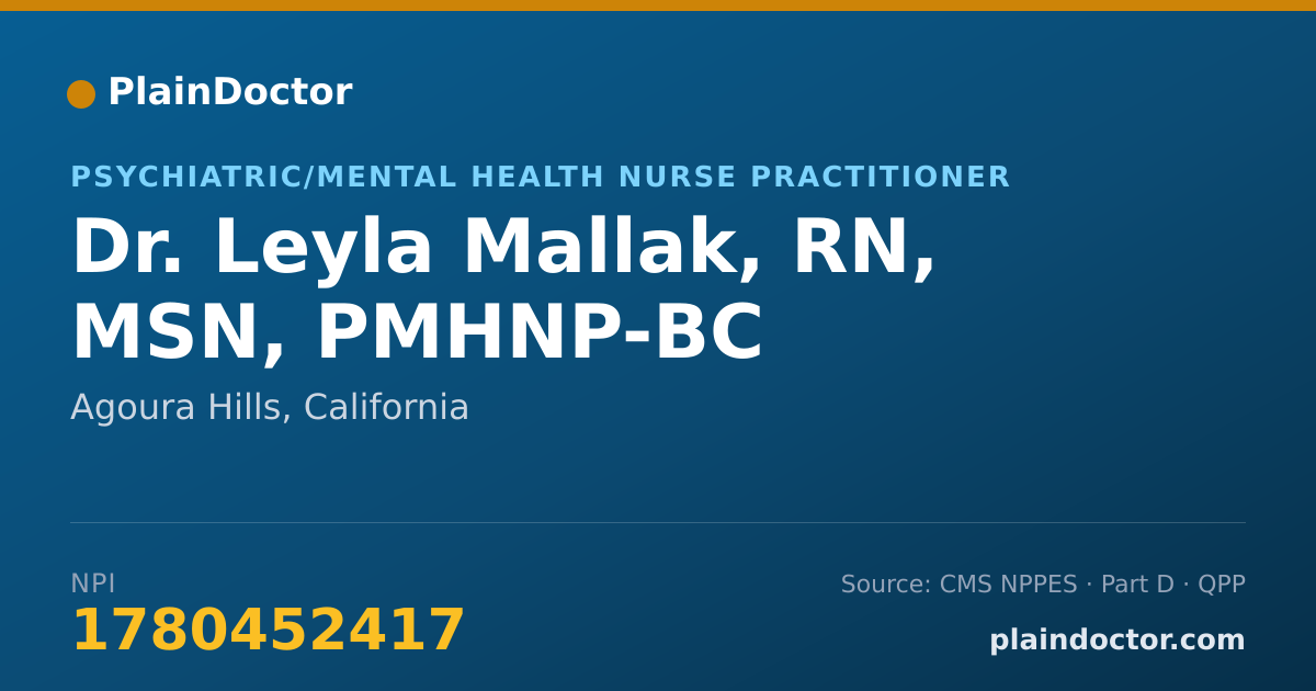 Shareable card for Leyla Mallak, RN, MSN, PMHNP-BC - Psychiatric/Mental Health Nurse Practitioner, Agoura Hills, CA
