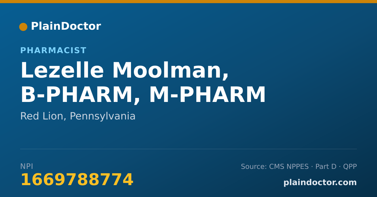 Shareable card for Lezelle Moolman, B-PHARM, M-PHARM - Pharmacist, Red Lion, PA