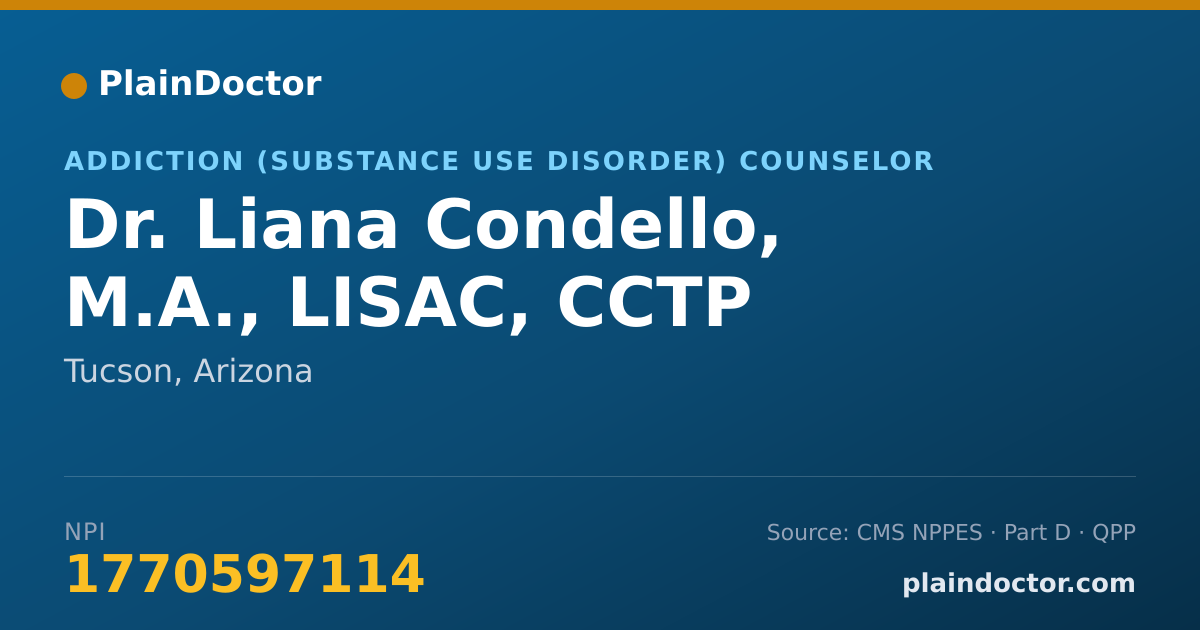 Shareable card for Liana Condello, M.A., LISAC, CCTP - Addiction (Substance Use Disorder) Counselor, Tucson, AZ