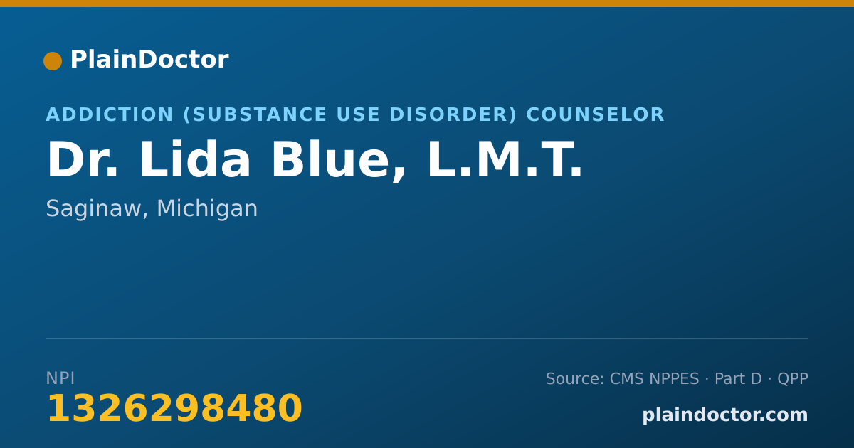 Shareable card for Lida Blue, L.M.T. - Addiction (Substance Use Disorder) Counselor, Saginaw, MI