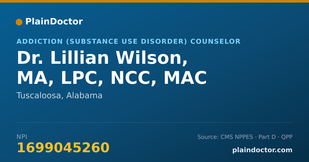 Shareable card for Lillian Wilson, MA, LPC, NCC, MAC - Addiction (Substance Use Disorder) Counselor, Tuscaloosa, AL