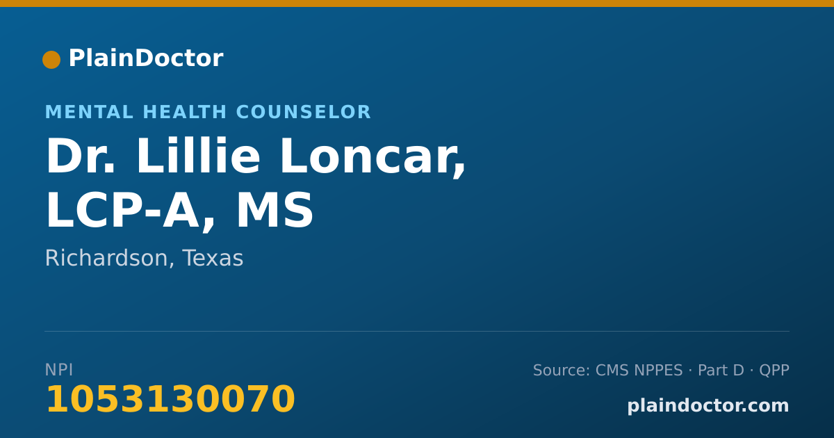 Shareable card for Lillie Loncar, LCP-A, MS - Mental Health Counselor, Richardson, TX