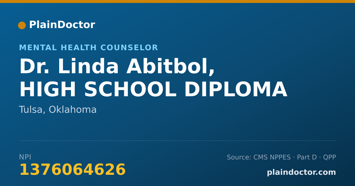 Shareable card for Linda Abitbol, HIGH SCHOOL DIPLOMA - Mental Health Counselor, Tulsa, OK