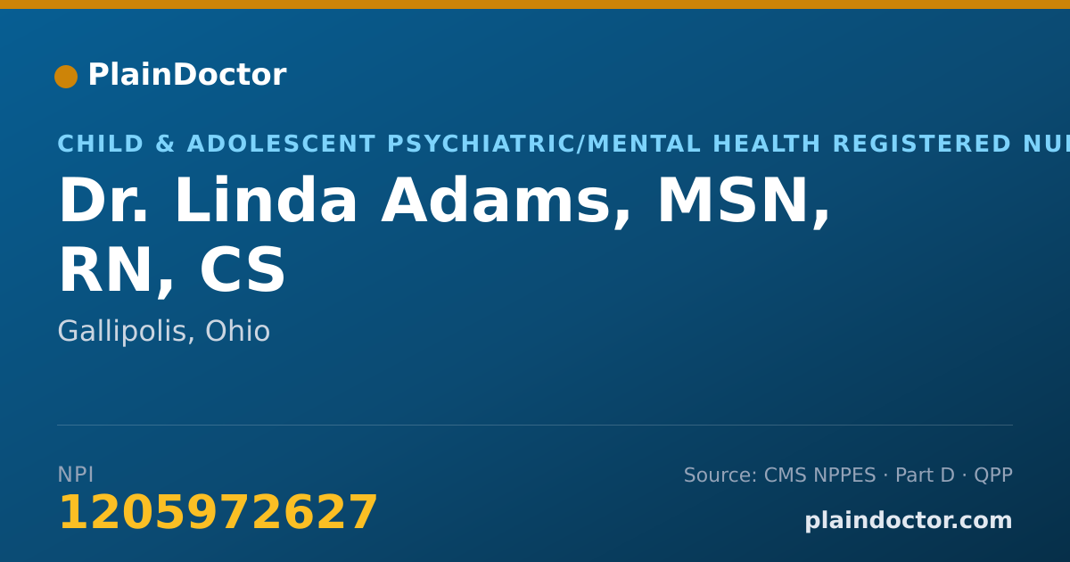 Shareable card for Linda Adams, MSN, RN, CS - Child & Adolescent Psychiatric/Mental Health Registered Nurse, Gallipolis, OH