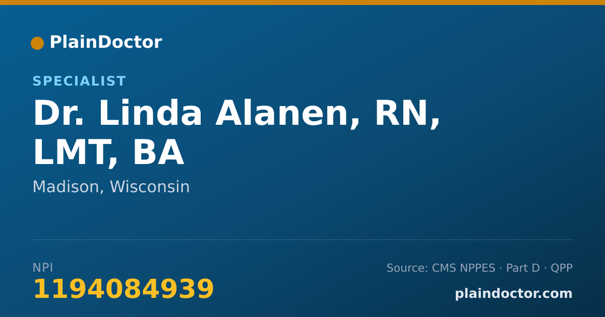 Shareable card for Linda Alanen, RN, LMT, BA - Specialist, Madison, WI
