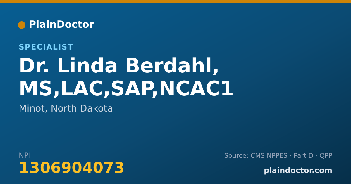 Shareable card for Linda Berdahl, MS,LAC,SAP,NCAC1 - Specialist, Minot, ND