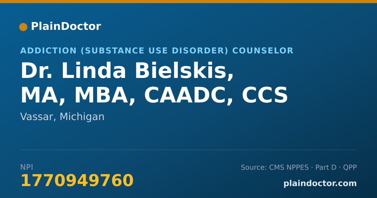 Shareable card for Linda Bielskis, MA, MBA, CAADC, CCS - Addiction (Substance Use Disorder) Counselor, Vassar, MI
