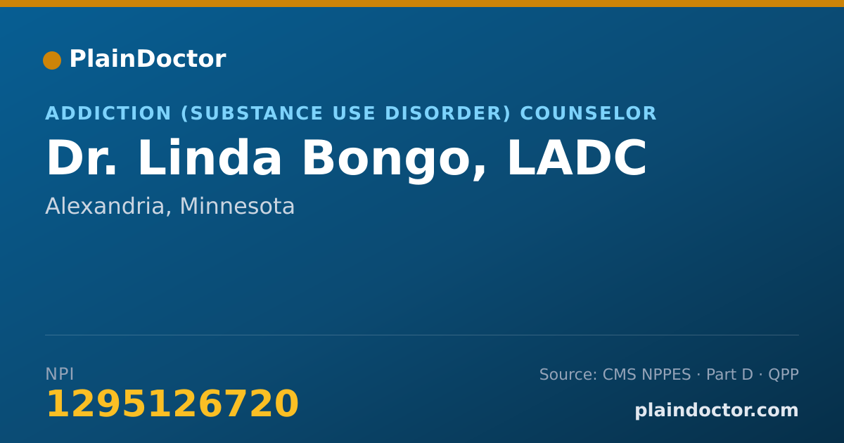 Shareable card for Linda Bongo, LADC - Addiction (Substance Use Disorder) Counselor, Alexandria, MN