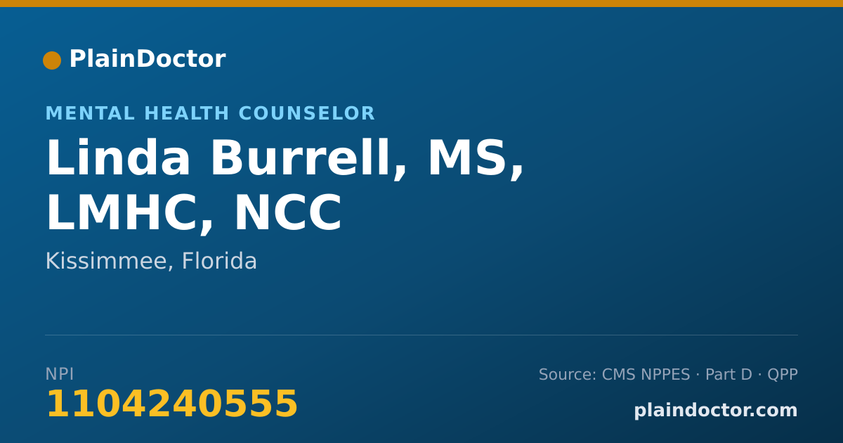 Shareable card for Linda Burrell, MS, LMHC, NCC - Mental Health Counselor, Kissimmee, FL