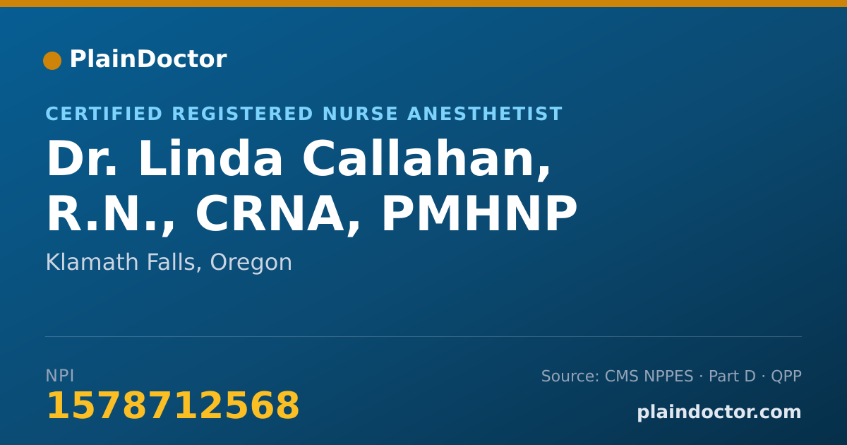 Shareable card for Linda Callahan, R.N., CRNA, PMHNP - Certified Registered Nurse Anesthetist, Klamath Falls, OR