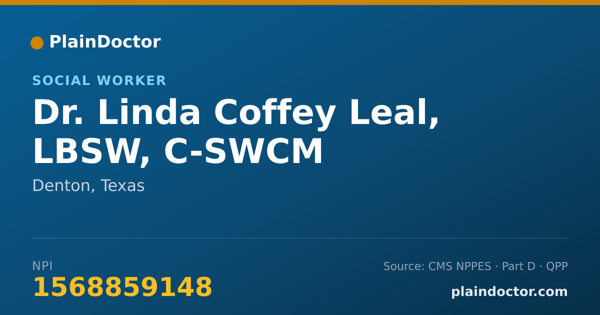 Shareable card for Linda Coffey Leal, LBSW, C-SWCM - Social Worker, Denton, TX