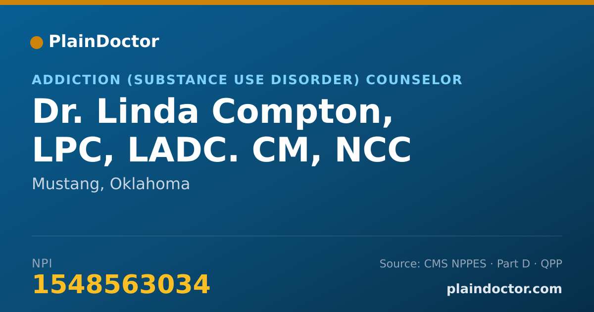 Shareable card for Linda Compton, LPC, LADC. CM, NCC - Addiction (Substance Use Disorder) Counselor, Mustang, OK
