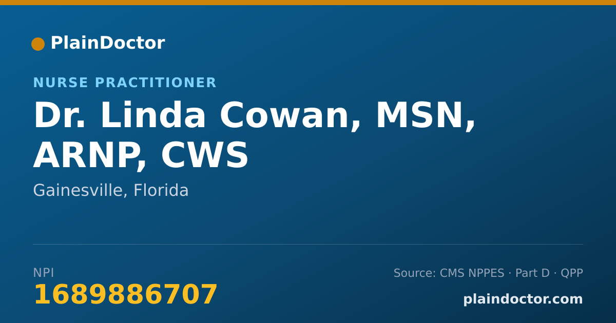 Shareable card for Linda Cowan, MSN, ARNP, CWS - Nurse Practitioner, Gainesville, FL