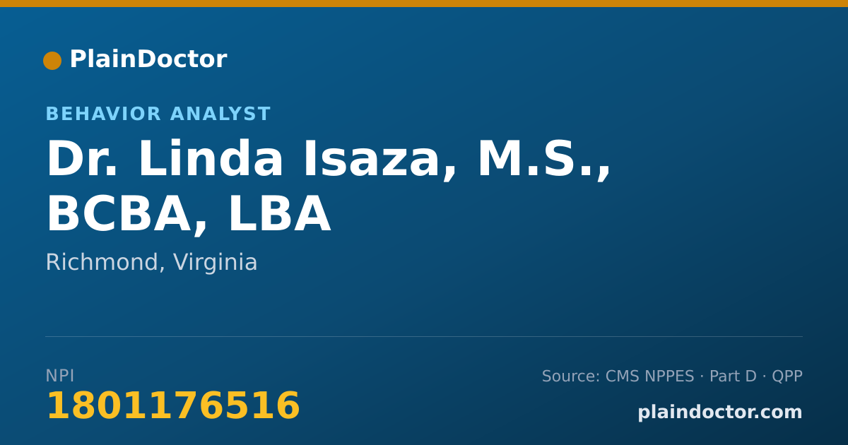 Shareable card for Linda Isaza, M.S., BCBA, LBA - Behavior Analyst, Richmond, VA
