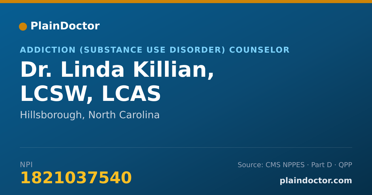Shareable card for Linda Killian, LCSW, LCAS - Addiction (Substance Use Disorder) Counselor, Hillsborough, NC