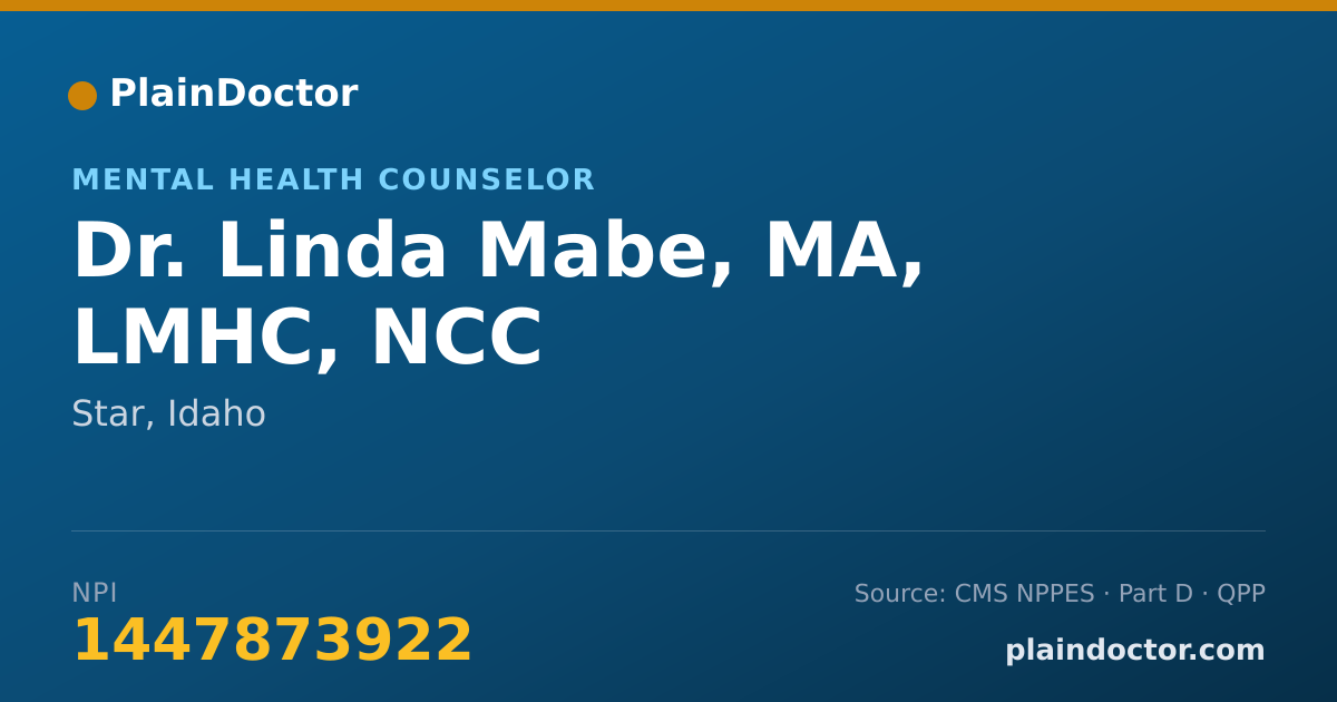 Shareable card for Linda Mabe, MA, LMHC, NCC - Mental Health Counselor, Star, ID