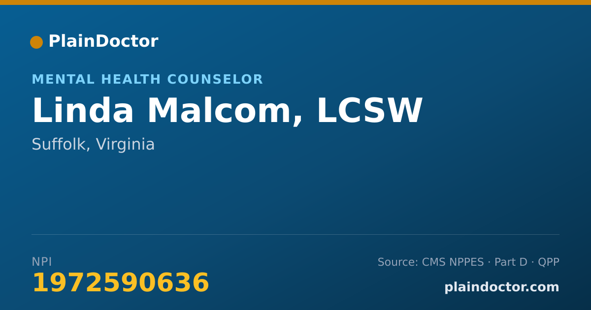 Shareable card for Linda Malcom, LCSW - Mental Health Counselor, Suffolk, VA