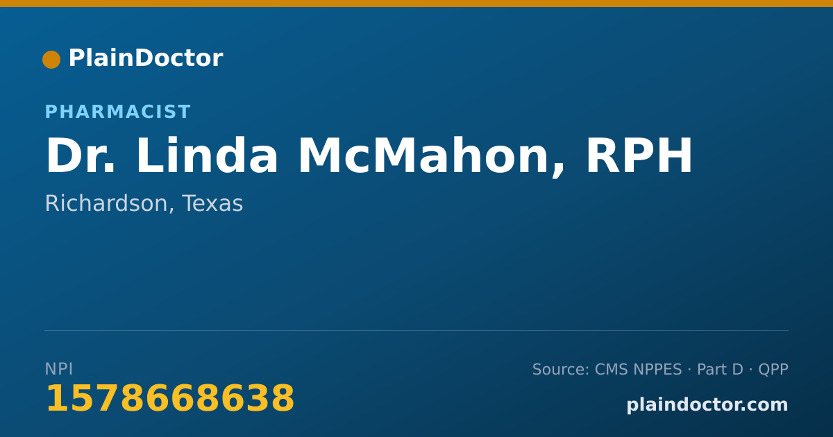 Shareable card for Linda McMahon, RPH - Pharmacist, Richardson, TX