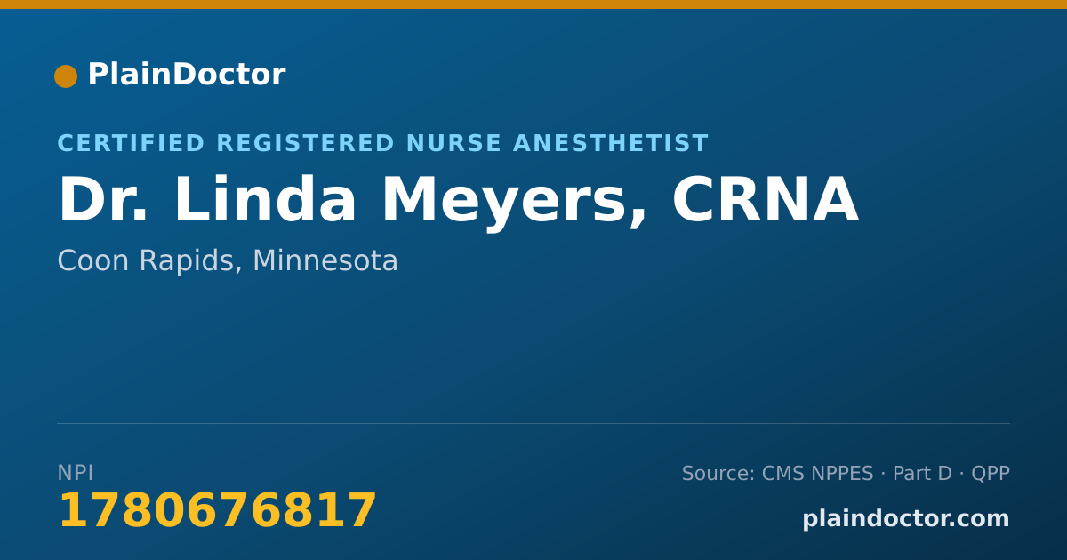 Shareable card for Linda Meyers, CRNA - Certified Registered Nurse Anesthetist, Coon Rapids, MN