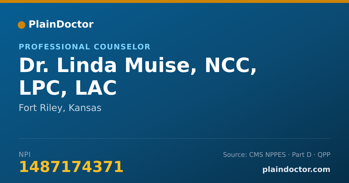 Shareable card for Linda Muise, NCC, LPC, LAC - Professional Counselor, Fort Riley, KS