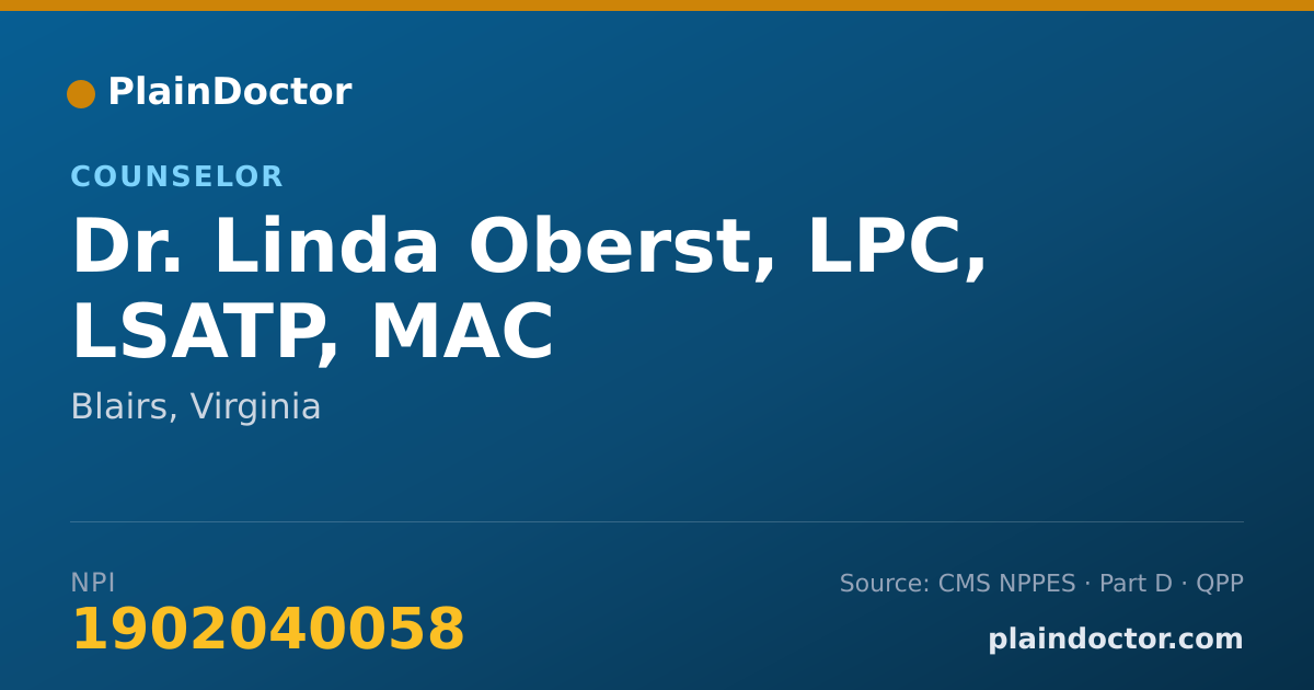 Shareable card for Linda Oberst, LPC, LSATP, MAC - Counselor, Blairs, VA