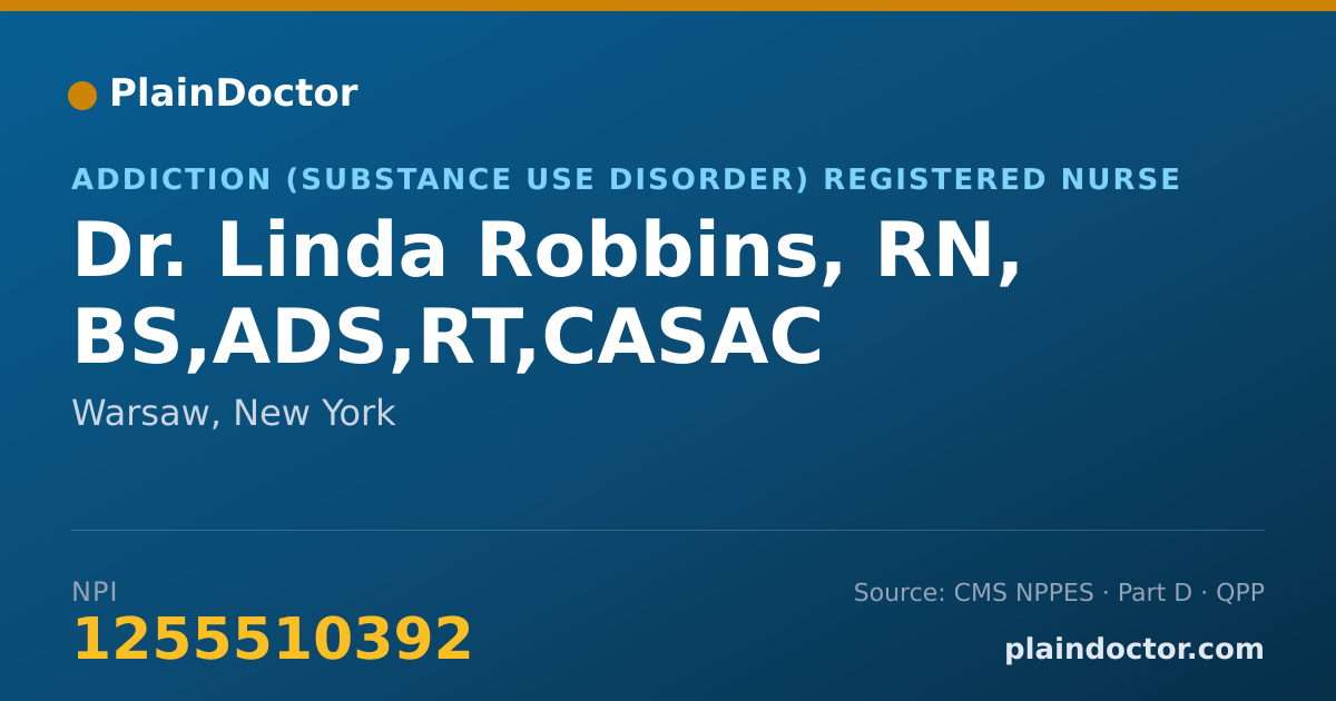 Shareable card for Linda Robbins, RN, BS,ADS,RT,CASAC - Addiction (Substance Use Disorder) Registered Nurse, Warsaw, NY